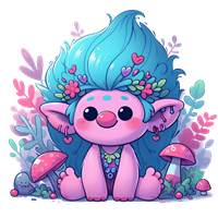 En sød, farverig trold med blå hår og blomsterkrans, omgivet af svampe og planter.