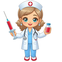 En tegneseriefigur af en sygeplejerske, der holder en sprøjte og en medicinflaske.