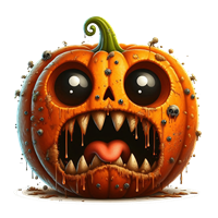 Et uhyggeligt græskar med store øjne, skarpe tænder og en skræmmende grimasse.