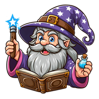 En glad troldmand med langt gråt skæg, iført en stjerneprydet hat, holder en tryllestav og en bog.