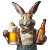 En festlig kanin, der holder en øl og en flaske, iført en butterfly og seler.