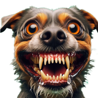 Et billede af en hund med en usædvanlig stor mund og skarpe tænder, der ser ud til at smile.