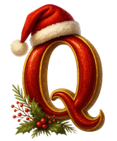 Et stort, dekorativt bogstav Q iført en rød nissehat, omgivet af julegrønne elementer.