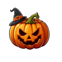 Et tegnet græskar med et skræmmende ansigt og en heksehue på toppen.