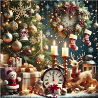 Et festligt julemiljø med en smukt pyntet juletræ, lys, gaver og dekorationer.