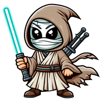 En tegneserieagtig Jedi med bandage og lysaber, iført en kappe.