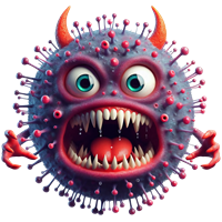 En farverig og skræmmende illustration af en virus med ansigt, skarpe tænder og horn.