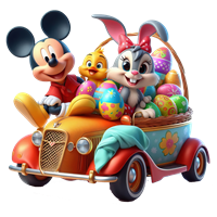 Mickey Mouse, en kanin og en lille fugl kører i en farverig bil fyldt med påskeæg.