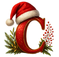 Et dekorativt bogstav C iført en rød julehat, omgivet af grønt og bær.