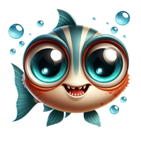 En farverig, cartoon-lignende fisk med store, udtryksfulde øjne og en glad mine, omgivet af bobler.