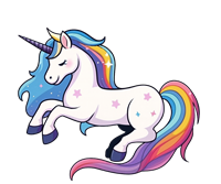 En sød, farverig enhjørning med en regnbuefarvet manke, der springer elegant.