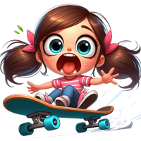 En glad pige med to hestehaler, der skater på en skateboard, med en overrasket ansigtsudtryk.