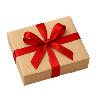 En elegant gaveæske i kraftpapir med en rød satinbåndsløjfe på toppen.