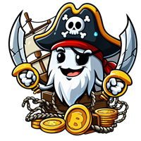 En tegneserieagtig pirat med øjenklap og sværd, omgivet af guldmønter.