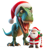 En festlig dinosaur iført en nissehue står sammen med en julemand, begge i julestemning.