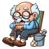 En sød, tegnet bedstefar, der sover på en stol med en stok og en spand ved siden af.