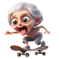 En livlig, animeret bedstemor, der skateboarder med et stort smil og tungen ude.