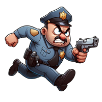 En tegneserieagtig politimand, der løber med en pistol, klar til aktion.