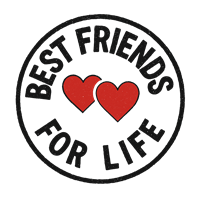 Et logo med teksten Best Friends For Life og to røde hjerter.