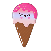 Et tegnet billede af en isvaffel med en glad ansigt og pink drys på toppen.