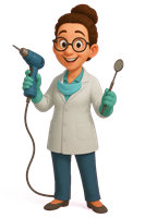 En tegneserieagtig tandlæge med briller, der holder en boremaskine og et tandinstrument.