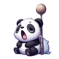 En sød, tegnet panda sidder og gaber med en kost ved sin side.