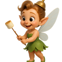 En glad lille fe med grønne vinger og en skumfidus på en pinde.