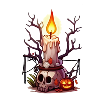 Et kunstnerisk billede af en lysestage med et stearinlys, en kranium, og grene, der skaber en uhyggelig stemning.