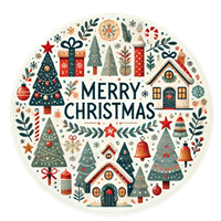 Farverig illustration med juletræer, gaver og huse med teksten MERRY CHRISTMAS.