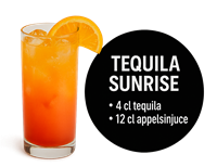 En farverig cocktail med tequila og appelsinjuice, præsenteret i et glas.