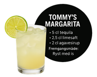 Billedet viser en opskrift på Tommys Margarita med ingredienser og fremgangsmåde.