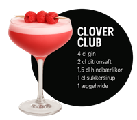 En farverig cocktail med gin, hindbærlikør og æggehvide, pyntet med hindbær.