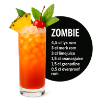 En farverig cocktail opskrift med rom, frugtsafter og garniture.