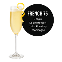 En opskrift på cocktailen French 75 med gin, citronsaft, sukker og champagne.