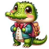 En farverig og nuttet krokodille iført en jakke og slips, klar til skole.