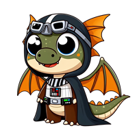 En sød, cartoonagtig drage iført en Star Wars-inspireret dragt med vinger.