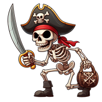 En farverig tegning af et skelet iført pirathat, med sværd og en skattekiste.