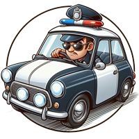 En tegneserieagtig illustration af en betjent, der kører i en politibil.