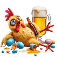 En humoristisk høne, der slapper af med en øl og farverige påskeæg omkring sig.