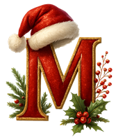 Et dekorativt bogstav M iført en rød nissehue, omkranset af julegrønne planter og bær.
