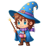 En sød, ung magiker iført en blå hat med stjerner, der holder en tryllestav og en krus.