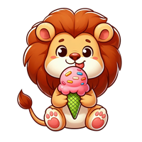 En tegneserieagtig løve, der holder en isvaffel med farverig is.