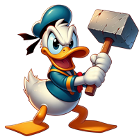 En tegneseriefigur af en and med en hammer, der ser vred ud.