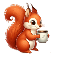 Et tegnet egern med en rød pels, der holder en kaffekop.