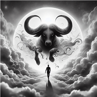 En dramatisk sort-hvid illustration af en mand, der går mod en stor oksefigur under en fuldmåne.