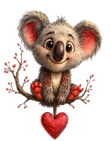 En sød og venlig koala, der sidder på en gren med et hjerte, omgivet af blomster.