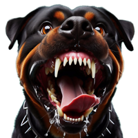 En tæt påbillede af en Rottweiler med åben kæbe, viser skarpe tænder og en truende attitude.