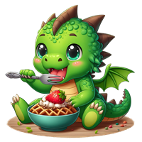 En farverig, tegnet drageunge sidder og spiser vafler med jordbær og flødeskum.