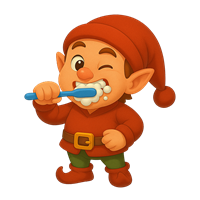 En farverig nisse i rød hat og tøj, der børster sine tænder med et stort smil.