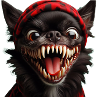 En humoristisk og skræmmende illustration af en Chihuahua med en truende grimasse og en rød hoodie.